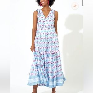 Oliphant NWT XS Poppy Blue V-Neck Maxi Dress Pink + White